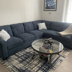 Navy Blue Sectional, Coffee Table, Matching Rug & Bar Stools