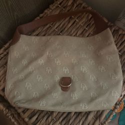 Dooney & Bourke Signature DB Jacquard Hobo Shoulder Bag Khaki Tan Leather Trim