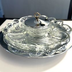 Kromex 1950s Lazy Susan Chrome/Glass Rotating Party Platter, Serving Dish Vintage