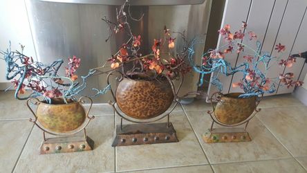 Set of 3 Metal Round Greek Style Vases with Flowers.