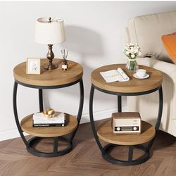Round End Table Set of 2, 2 Tier Industrial Side Table