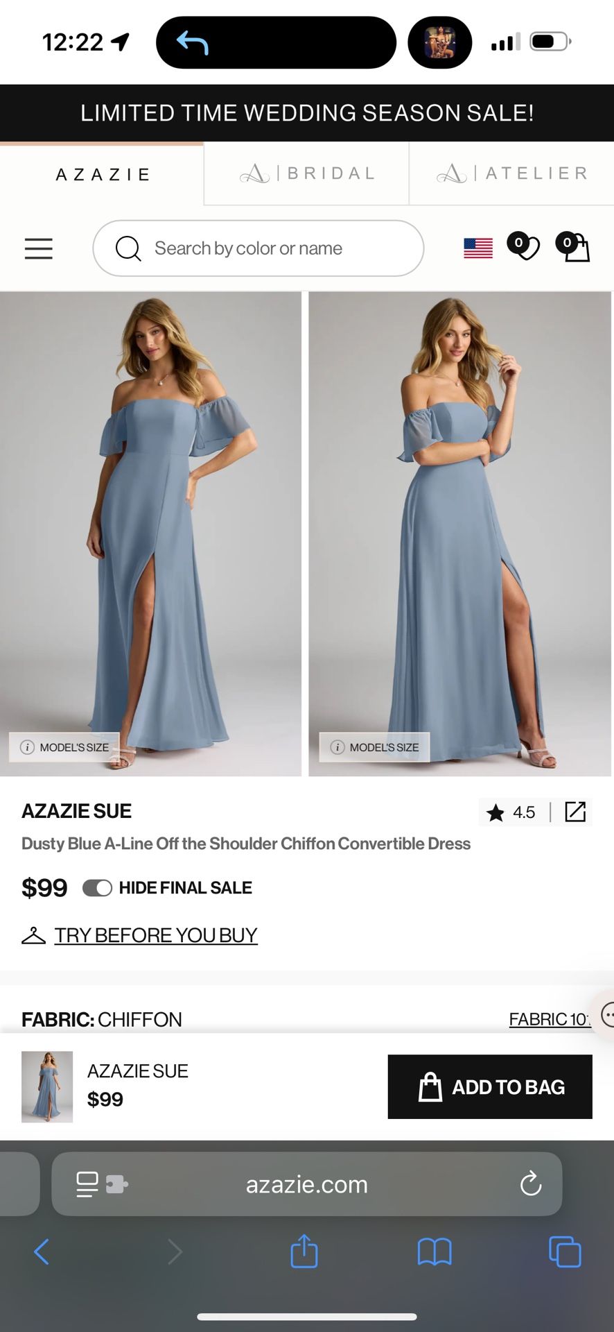 NWT Azazie Dusty Blue Size A8 Dress