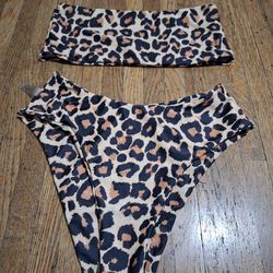 Leopard Print Bikini Set - Strapless Top & High Cut Bottoms