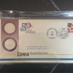 United States Mint Official Commemorative Coin Cover featuring the 2004 Iowa State Quarter