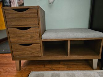Walnut Wood 3-Drawer Shoe Storage Bench with Grey Upholstered Seat