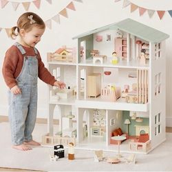Wooden Dollhouse Playset, 8 Rooms, 81-Pc DIY Furniture & Accessories, Ages 3+