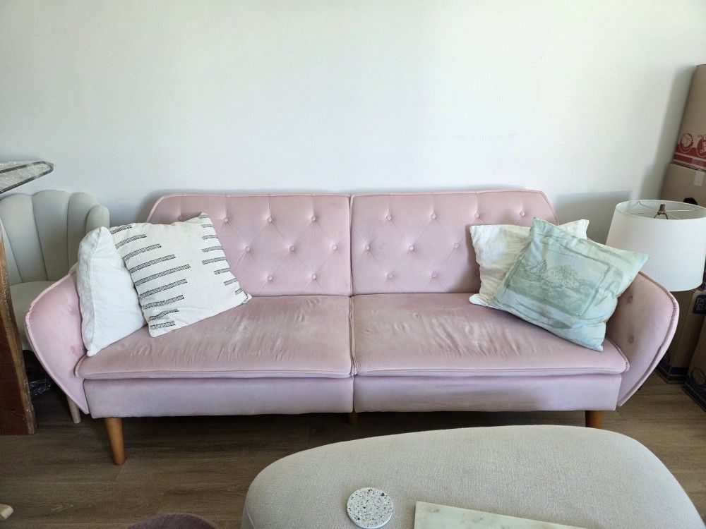 Light Pink Velvet Couch Futon Sleep Bed Loveseat Chair Retro Convertible Funky Furniture Mod Mid Century