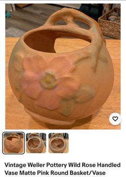 Vintage Weller Pottery Wild Rose Handled Vase Matte Pink Round Basket/Vase
