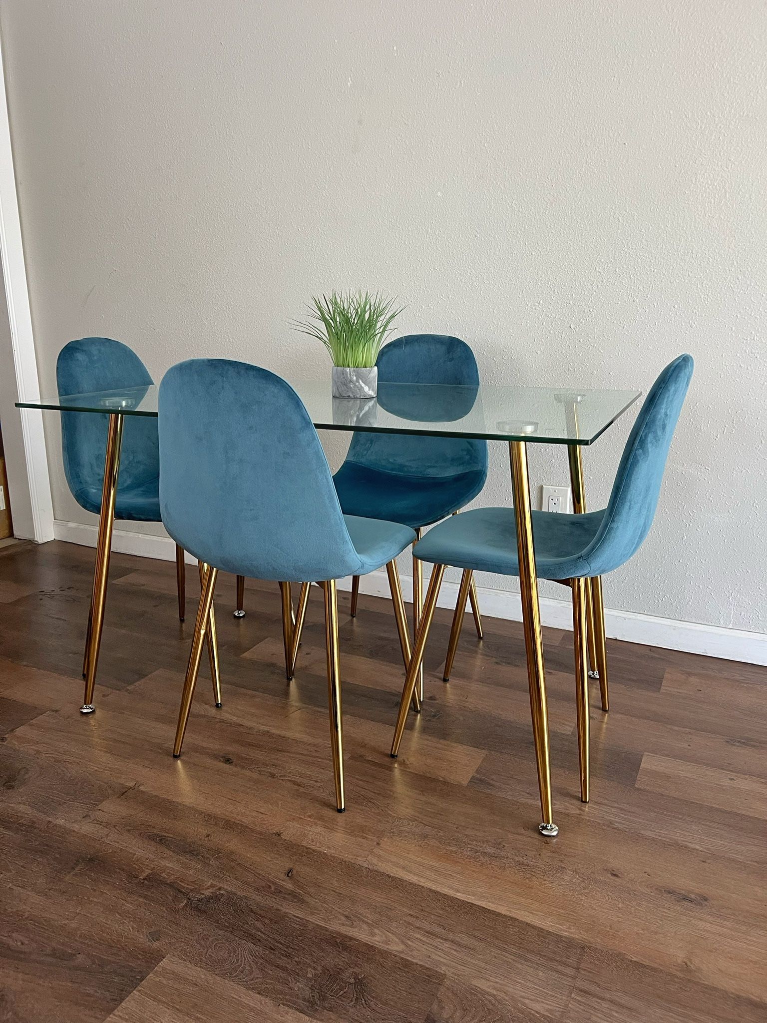 Blue Gold Velvet Glass Dining Set For 4
