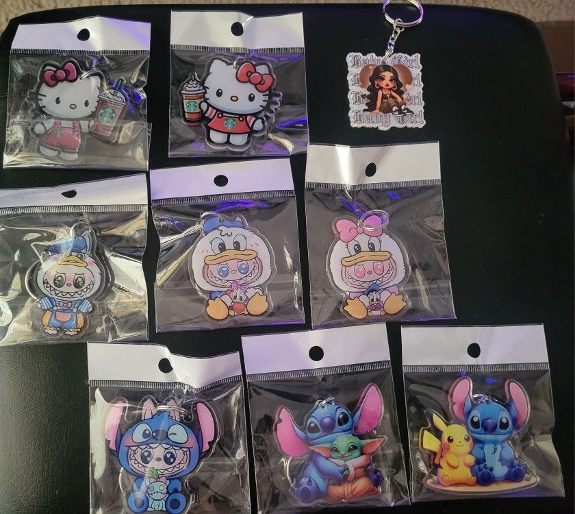 Labubu, Stitch, and Hello Kitty Keychains. Double Sided