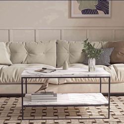  2 Tier Faux Marble Coffee Table, Water Resistant Accent Cocktail Table with Lower Storage Shelf