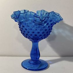 Vintage Fenton Glass 6" Blue Hobnail Ruffled Compote Candy Dish