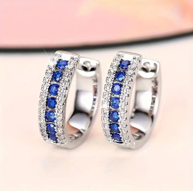 Baguette 14K White Gold-Plated Sapphire Blue Cubic Zirconia 17mm Men Women Huggie Hoop Earrings