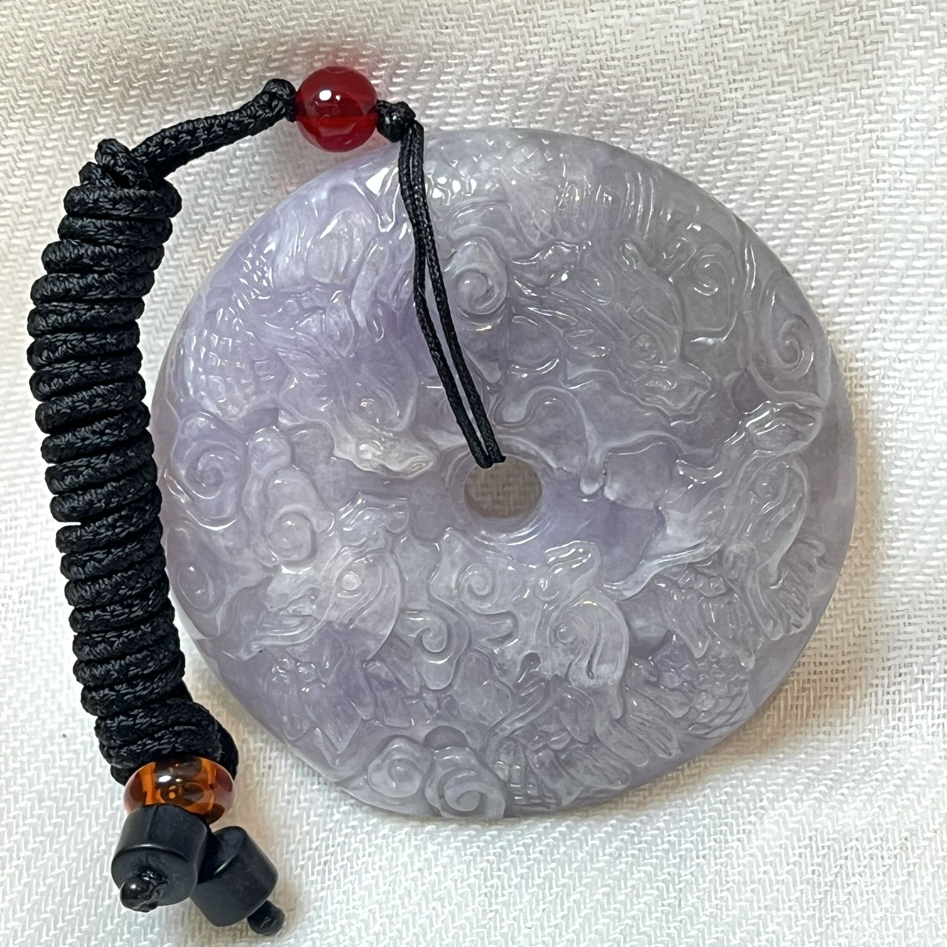 Certified Type A Natural Jadeite Jade Pendant Necklace,Carved 9 Dragons, Icy Purple Lavender