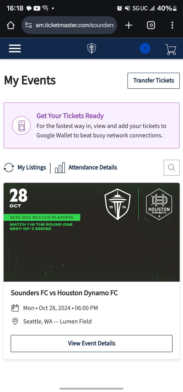 TWO tickets To Tonight's Sounders Game
