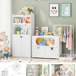 Toy Storage Organizer with Clothes Rail, Combination Type Kids Bookshelf and Bookcase with Two Toy Box with Wheels