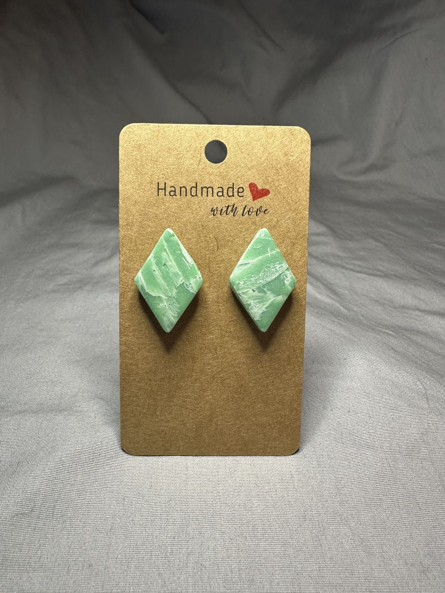 Diamond Shaped Jade And White Marbled Polymer Clay Earrings