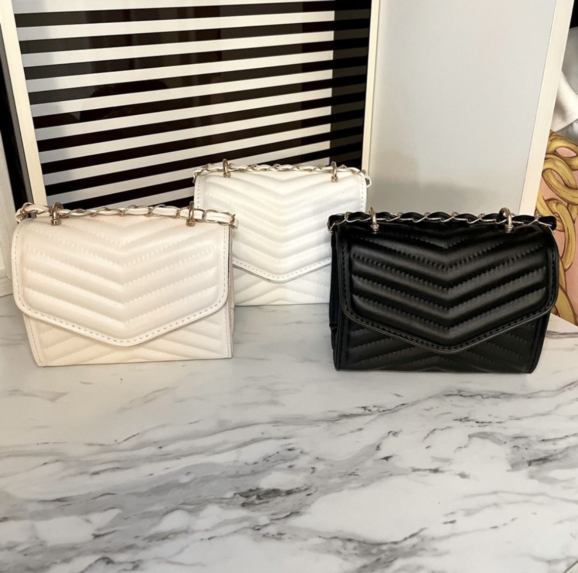 Chevron Quilted Chain Crossbody Bag - Choice of Black, White, or Cream/Beige