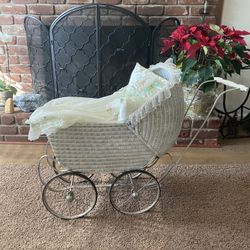 Antique Baby Stroller With Porcelain Doll