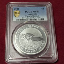 2021 Australia Fraser's Dolphin 1oz. Silver .999 PCGS MS69