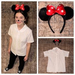 XS Youth Minnie Mouse Costume Set White Collared Shirt & Ears