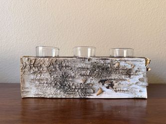 🕯️ White Birch Wrapped Metal Box with 3 Glass Votive Candle Holders