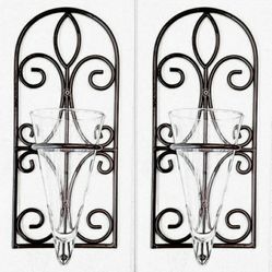 (2) Identical Large Black Metal/ Iron Wall Mounts w/Glass Candle holders Size 8" W x 18" H 