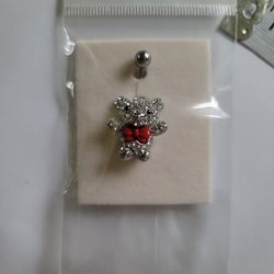 Silver Color Teddy Bear With Red Bow Tie Belly Ring