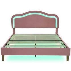 New Queen Size Pink Velvet Platform Bedframe With RGB Lighting