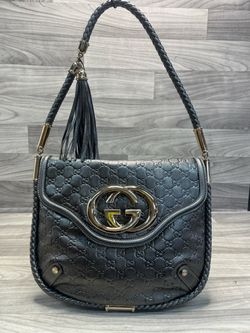 Gucci Gunmetal Gray Metallic Gg Leather Shoulder Bag - Authentic (173470-2)