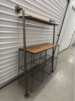 : Industrial Pipe & Wood Leaning Wall Shelf with Wire Basket Cubbies
