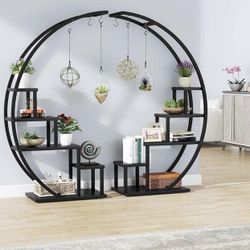 (NEW) 5-Tier Plant Stand Pack of 2, Modern Bonsai Flower Pot Holder with 6 Hooks, Curved Display Shelf, Black