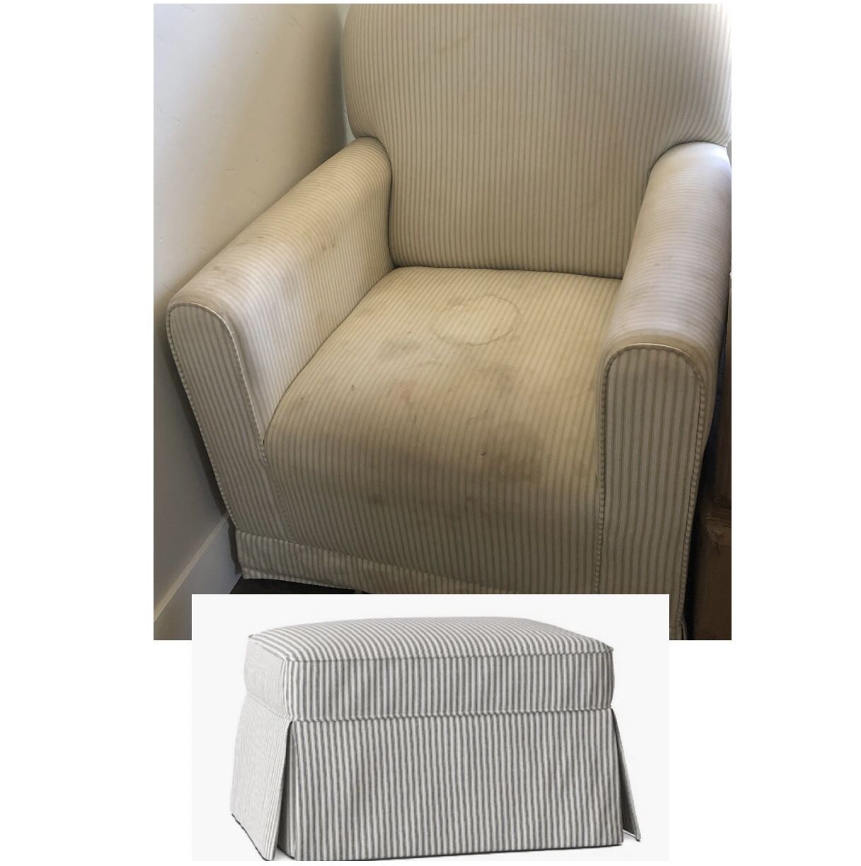 Upholstered Sage Green Gliding Chair & Coordinating Upholstered Ottoman. Great for nursery or any room.  Need a good cleaning but other than that in g