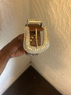 Brown Leather Belt with Rhinestone Buckle