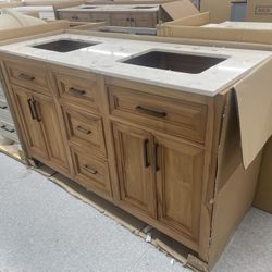 Bathroom vanity cabinet 60” full Teak Quartz top with sinks And Backsplash