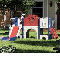 8 in 1 Toddler Slide, Indoor Slides for Ages 1-6, Freestanding Kids Slide Playground with Stairs, Tunnel, Telescope, Storage & Ball, Red
