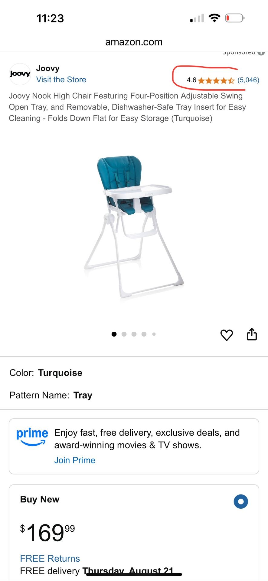Brand New Never Used Not Even Once  Joovy Nook High Chair Featuring Four-Position Adjustable Swing Open Tray, and Removable, Dishwasher-Safe Tray Inse