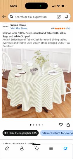 Solino Home Linen Round Tablecloth Sage White Striped