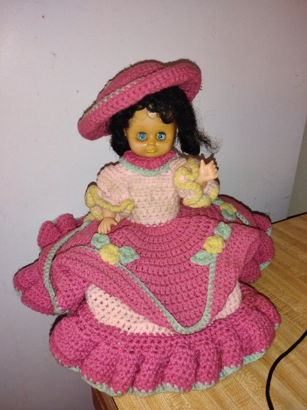Vintage Lullaby Doll With Handmade Crocheted Hat And Dress