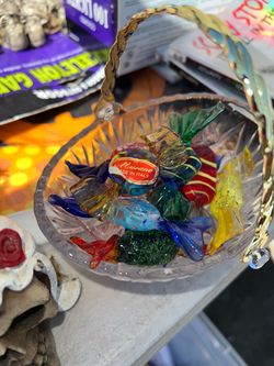 Murano Glass Candy Figurines in Crystal Basket