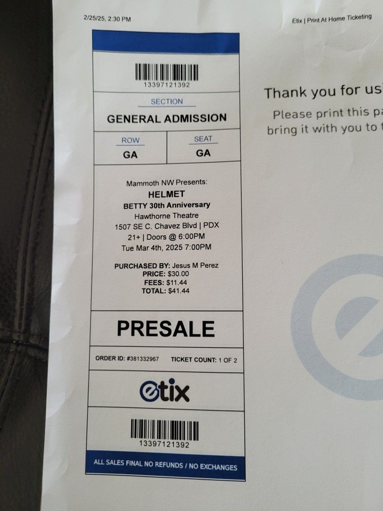 Helmet Ticket for Tonight