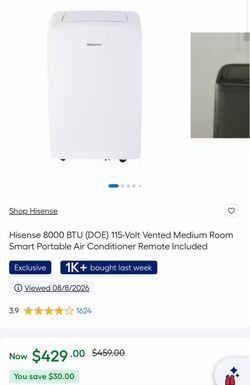 Hisense 8000 BTU (DOE) 115-Volt Vented Medium Room Smart Portable Air Conditioner Remote Included