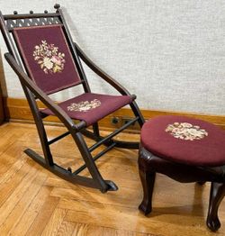 Antique Victorian Folding Mahogany Rocker Chair And Foot Stool