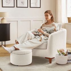 💥Blow Out Sale💥Sherpa Accent Chair with Storage Ottoman Set, Upholstered Barrel Club Arm Chair