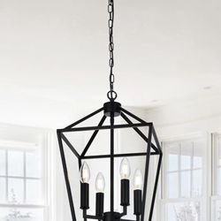 Farmhouse Chandelier 4 Lights Lantern Pendant Light in Black