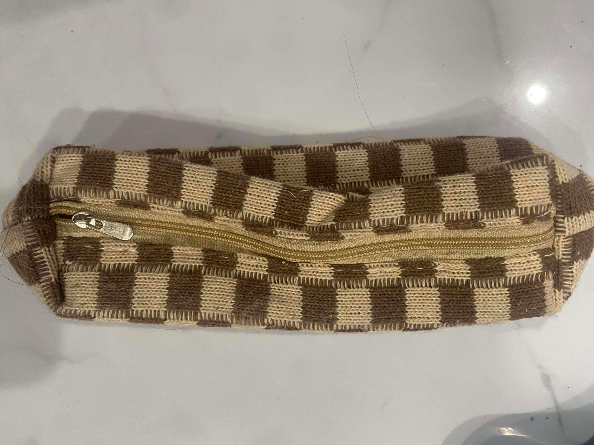 Brown Checkered Makeup Travel Bag Pencil Case