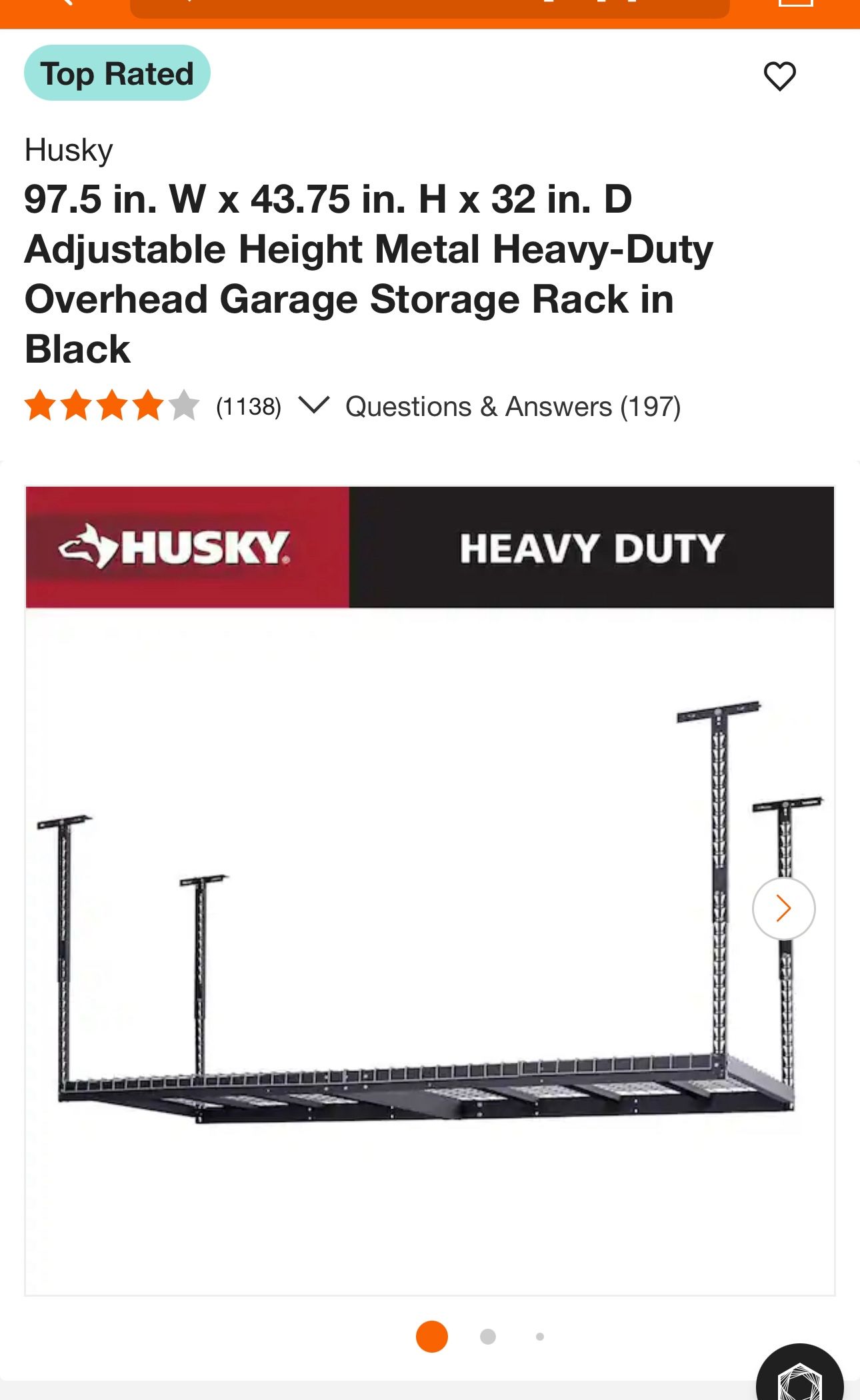 Husky 97.5 in. W x 43.75 in. H x 32 in. D Adjustable Height Metal Heavy-Duty Overhead Garage Storage Rack in Black