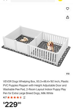 VEVOR Dogs Whelping Box, 93.3x48.4x18.1 inch, Plastic PVC Puppies Playpen with Height Adjustable Door and Washable Pee Pad, 2-Room Layout Indoor Puppy