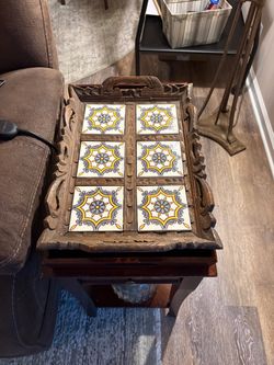 Vintage hand carved wooden serving tray w/ 6 decorative ceramic tiles  Mexican Spanish or Mediterranean  style Excellent condition Antique tray