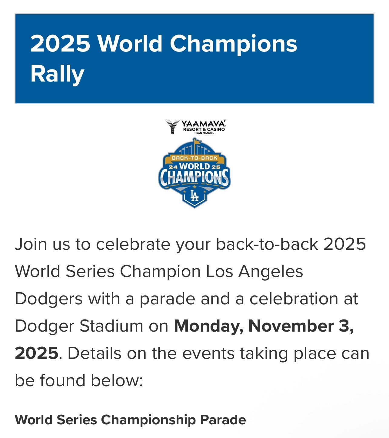 Dodgers Celebration Rally Parade Tickets